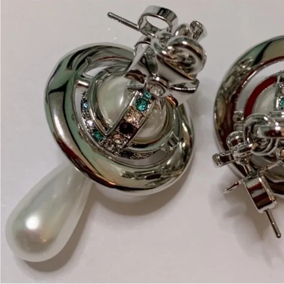 silver Saturn 🪐 orb pearl drop earrings 18k gold plated silver New - Picture 2 of 4
